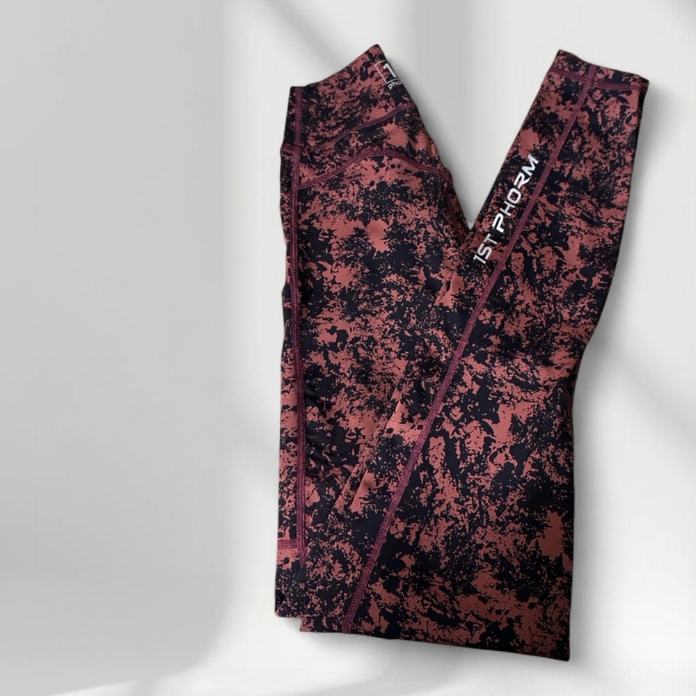 1st Phorm Leggings Womens Small Red Splatter Print Pockets Ankle High Waisted